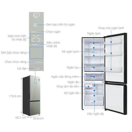 kich thuoc tu lanh 2 canh ngan da duoi inverter 324 lit aqua aqr b380ma gm