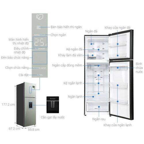 kich thuoc tu lanh 2 canh ngan da tren inverter 347 lit aqua aqr t390fa wgm