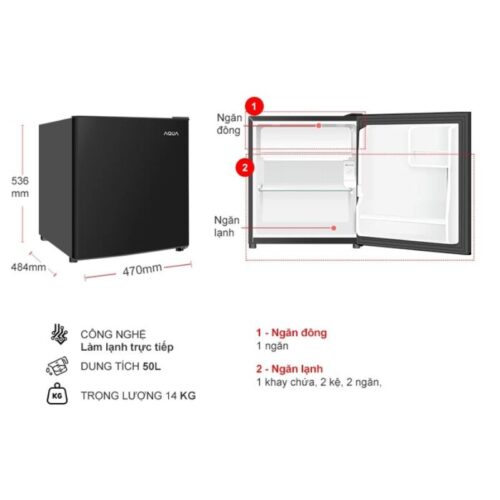 kich thuoc tu lanh 1 canh mini 50 lit aqua aqr d60fabs