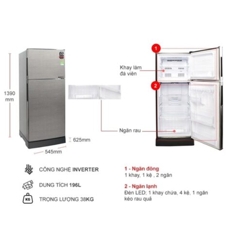 kich thuoc tu lanh 2 canh inverter 196 lit sharp sj x201e ds