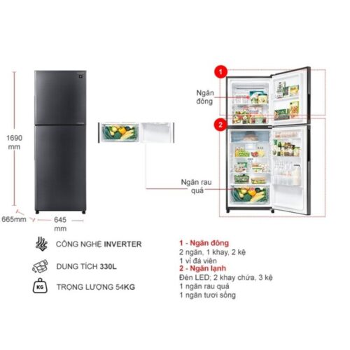 kich thuoc tu lanh 2 canh inverter 330 lit sharp sj xp352ae ds