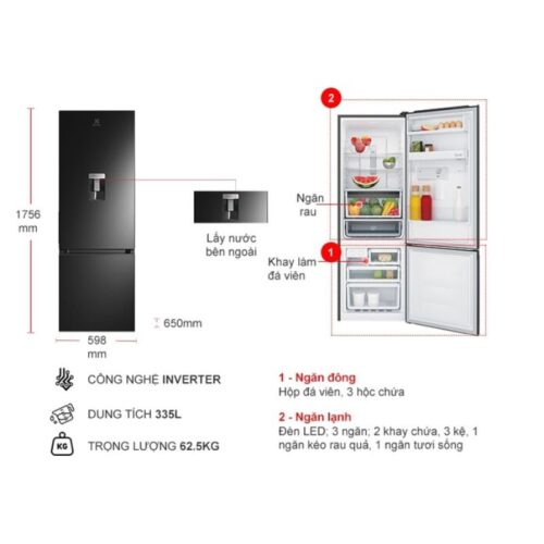 kich thuoc tu lanh 2 canh inverter 335 lit electrolux ebb3742m h