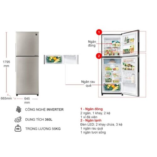 kich thuoc tu lanh 2 canh inverter 360 lit sharp sj xp382ae sl