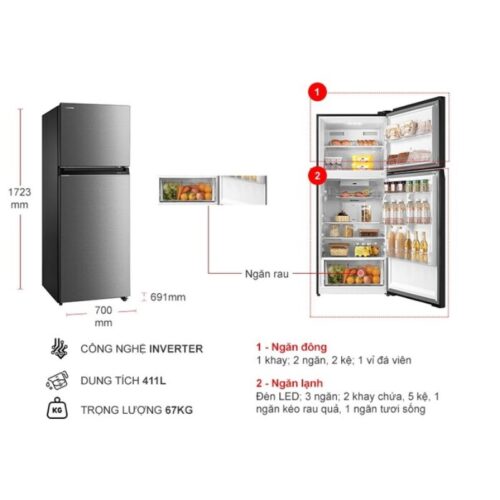 Tủ Lạnh 2 cánh Inverter 411 Lít Toshiba GR-RT559WE-PMV(58)-MM 4 kich thuoc tu lanh 2 canh inverter 411 lit toshiba gr rt559we pmv58 mm