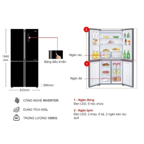 kich thuoc tu lanh 4 canh multi doors inverter 456 lit aqua aqr ig525am gb