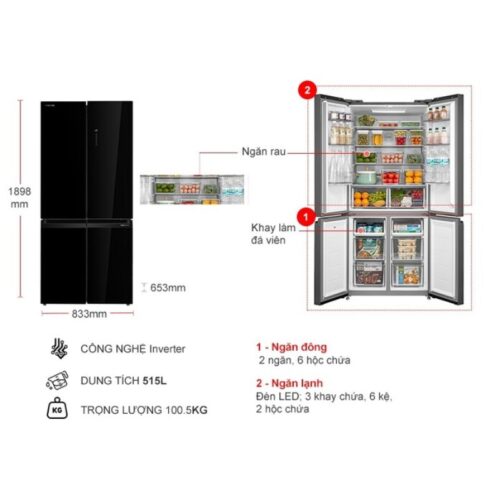 kich thuoc tu lanh 4 canh multi doors inverter 515 lit toshiba gr rf677wi pgv22 xk
