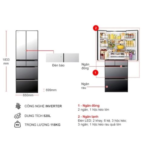 kich thuoc tu lanh hitachi inverter 520 lit r hw540rv x