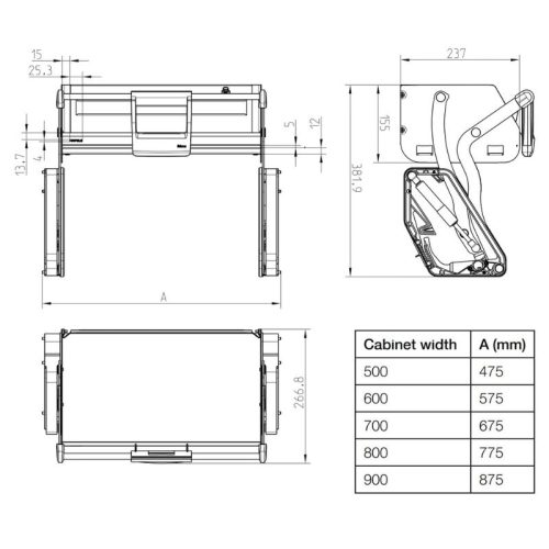 Kích thước kệ nâng hạ Hafele 504.68.378 Imove R900mm