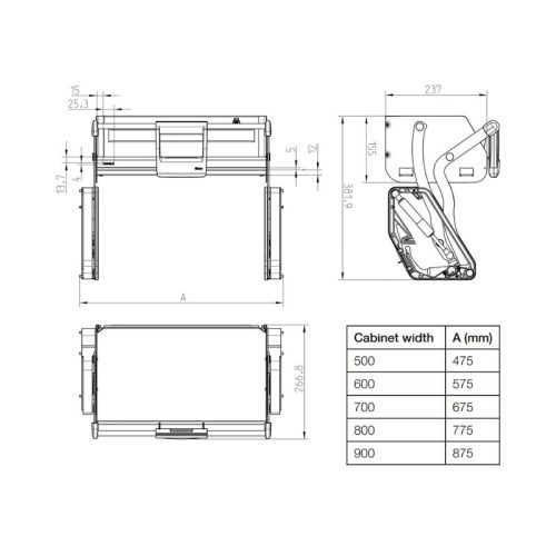 Kích thước kệ nâng hạ Hafele 504.68.374 Imove R700mm